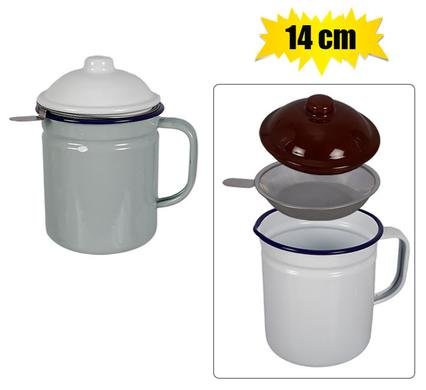 Oil pot enamel 14cm w/strainer