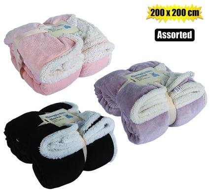 Blanket flannel w/sherpa 200x200cm asstd