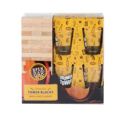 Drinking game tower blocks w/4 glasses